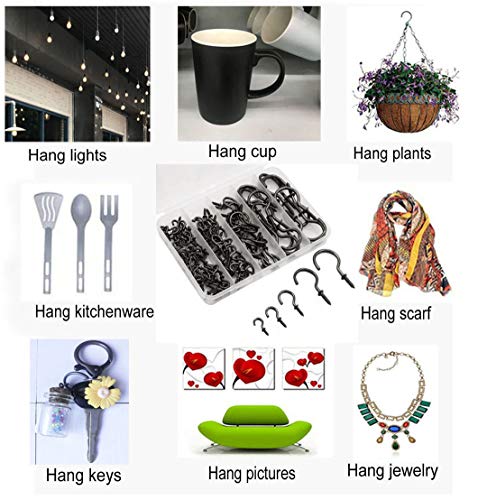 IDEALSV Black Bronze Screw in Cup Hooks Kit 115 Pack 1/2" 5/8" 7/8" 1-1/4" 1-1/2" Ceiling Hooks Plants Hanger Christmas Lights Hooks Hanging Jewelry Hooks Mugs Hooks 5 Size Outdoor/Indoor Use